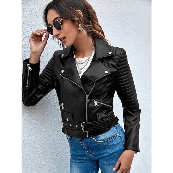 Lapel Collar Belted Zip Up vegan leather Moto Jacket black - Picture 2 of 11